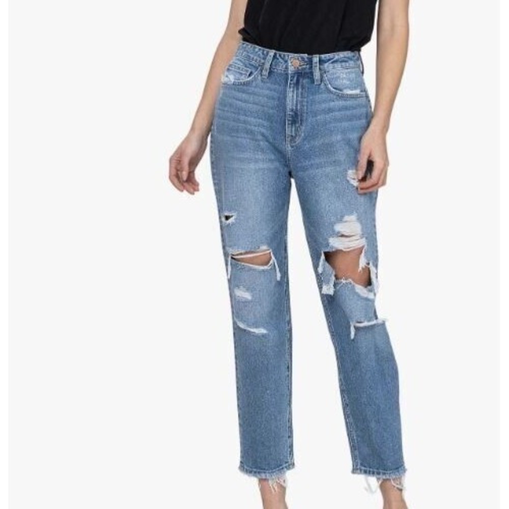 Flying Monkey Womens Mom Jeans Medium Blue Denim Wash High Rise Ripped 27 #1054